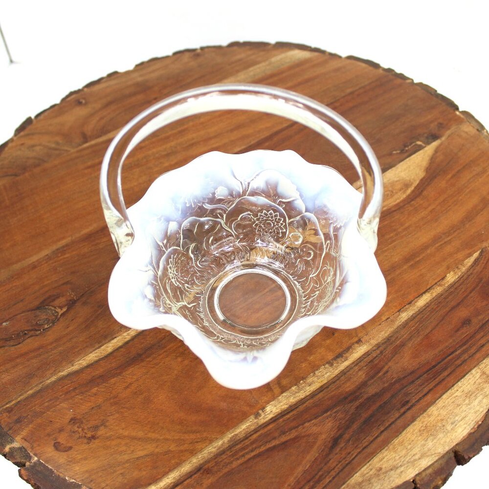 Fenton Glass Opalescent Ruffle Floral Pattern to Clear Basket W/Handle Vintage